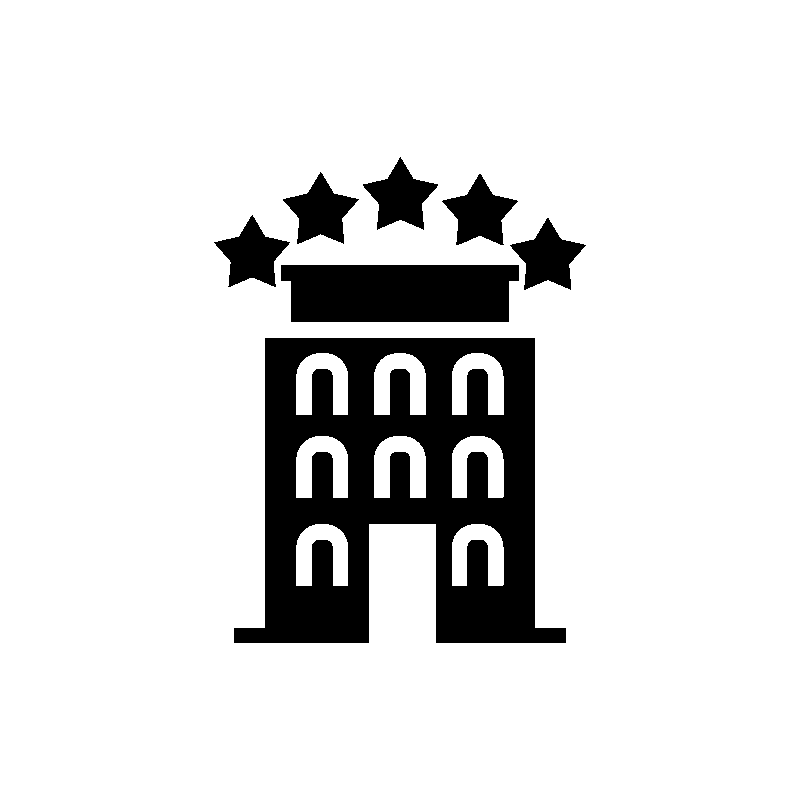 Icon of a hotel building with five stars above it, representing a five-star hotel rating.