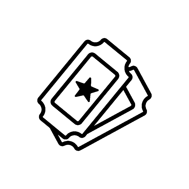 Two event tickets with a star symbol on one, illustrated in a simple black outline style.