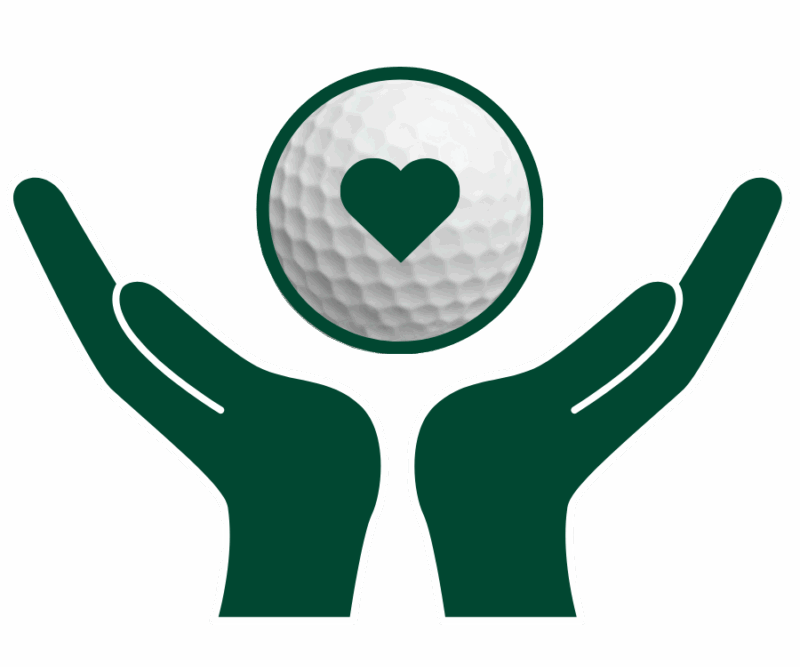 Two green hands hold up a golf ball with a heart symbol on it.