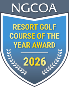 Blue shield with NGCOA Resort Golf Course of the Year Award 2026 in yellow and white text.