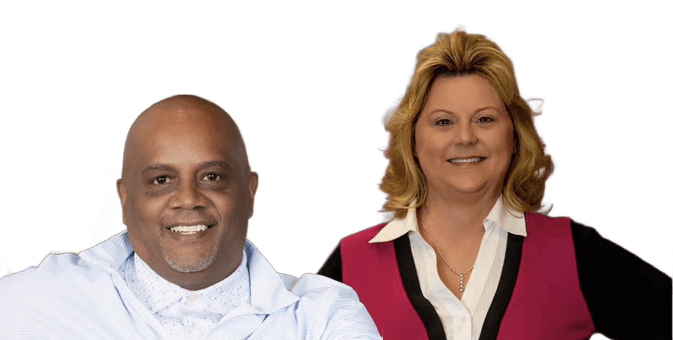 Two people smiling, a man in a light shirt and a woman in a pink vest, standing against a white background.