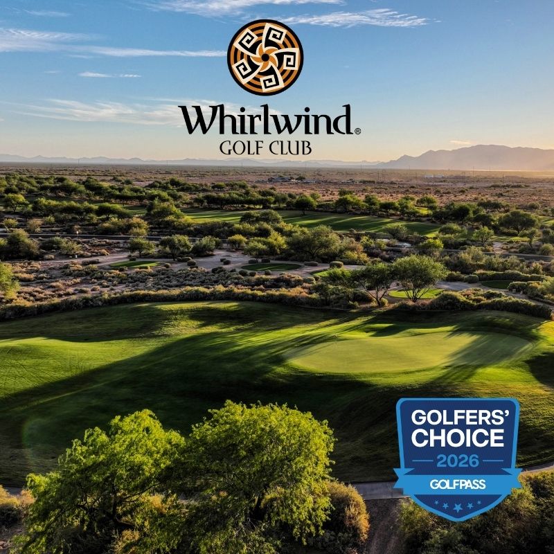 Aerial view of Whirlwind Golf Club with Golfers Choice 2026 badge and mountains in the background.