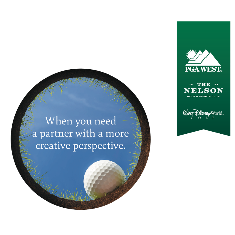 Golf ball near hole, sky in background, with text: When you need a partner with a more creative perspective.