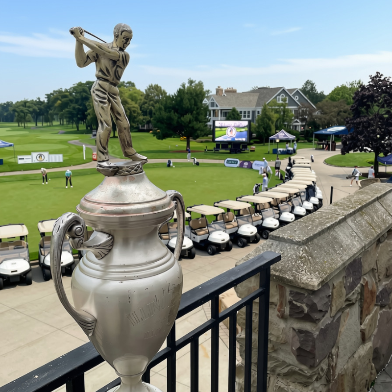 Silver golf trophy in foreground, golf carts and green course with clubhouse and tents in the background.