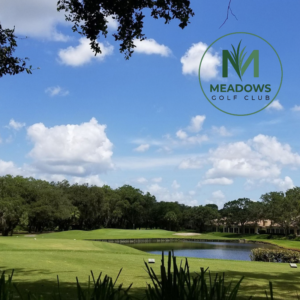 Meadows Golf Club logo over a green golf course with a pond and trees under a blue sky.
